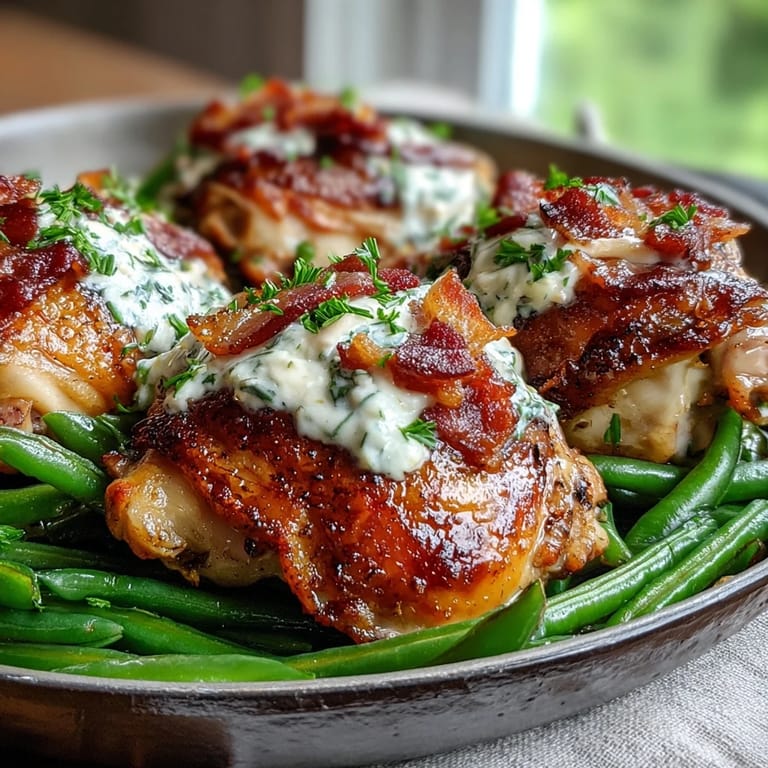 Sizzling Keto Bacon Ranch Chicken Thighs with Green Beans served on a white plate, lemon juice glistening on the beans.