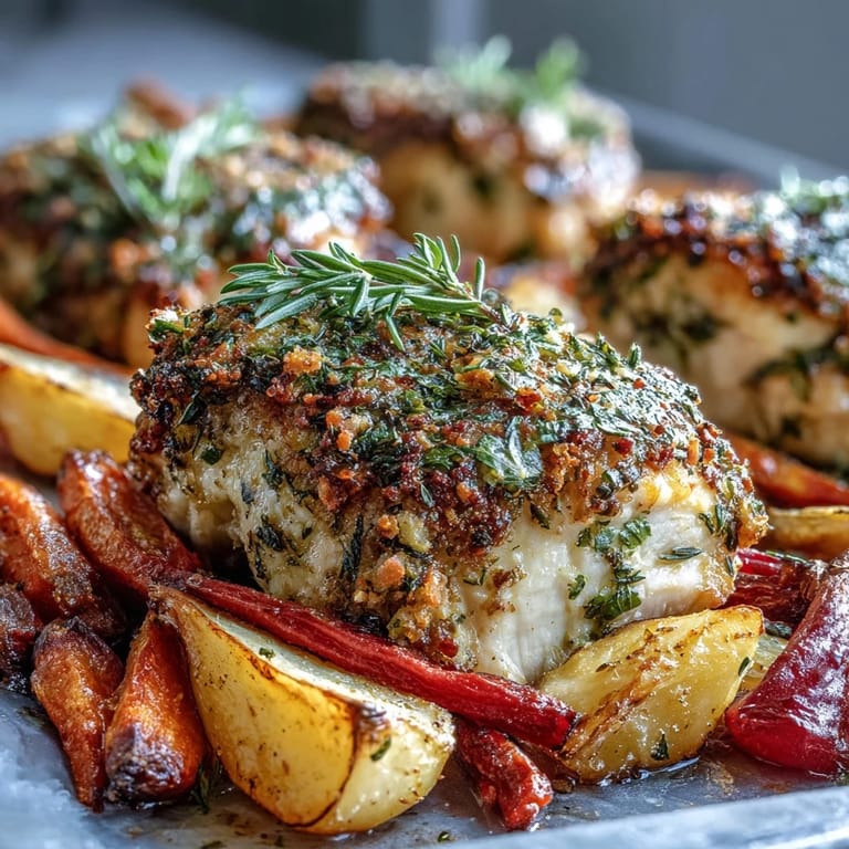 Juicy chicken and caramelized root vegetables are plated together, making the Sheet Pan Herb-Crusted Chicken a perfect, easy weeknight meal.