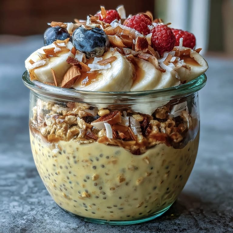 Creamy Vegan Golden Milk Overnight Oats infused with turmeric and ginger, garnished with toasted coconut flakes and chopped nuts.