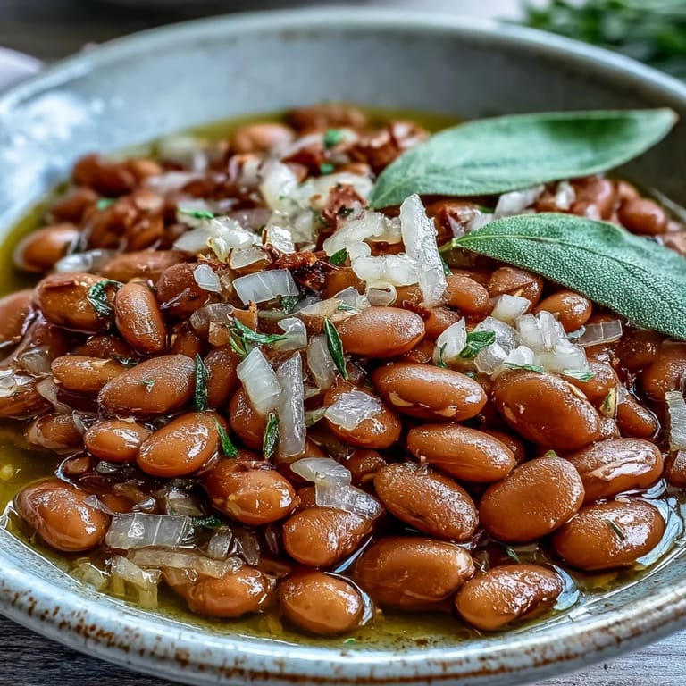 Steaming bowl of homemade pinto beans with diced onions and olive oil, a delicious vegan and gluten-free side dish.