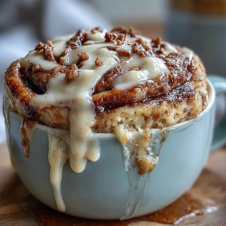 Single-serve high-protein cinnamon roll mug cake with gooey cinnamon swirl and smooth cream cheese topping, ready in minutes.