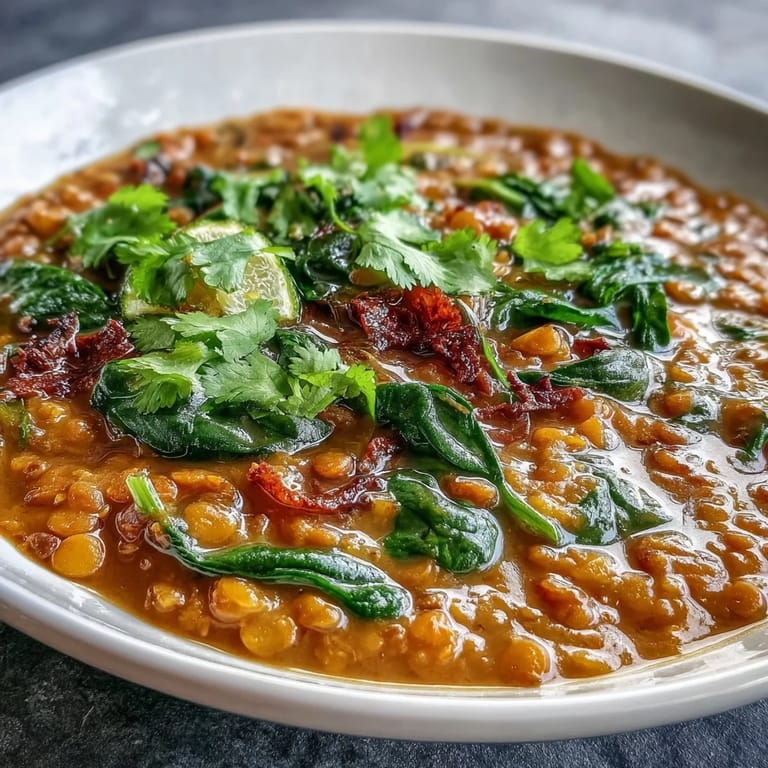 Hearty vegan dahl with red lentils, coconut, spinach, and spices, served hot and topped with fresh lime and cilantro.
