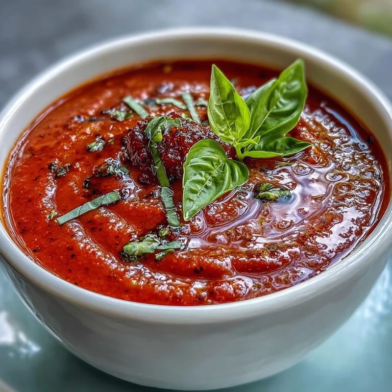 A close-up view of the smooth, vibrant gazpacho mixture ready to be chilled.