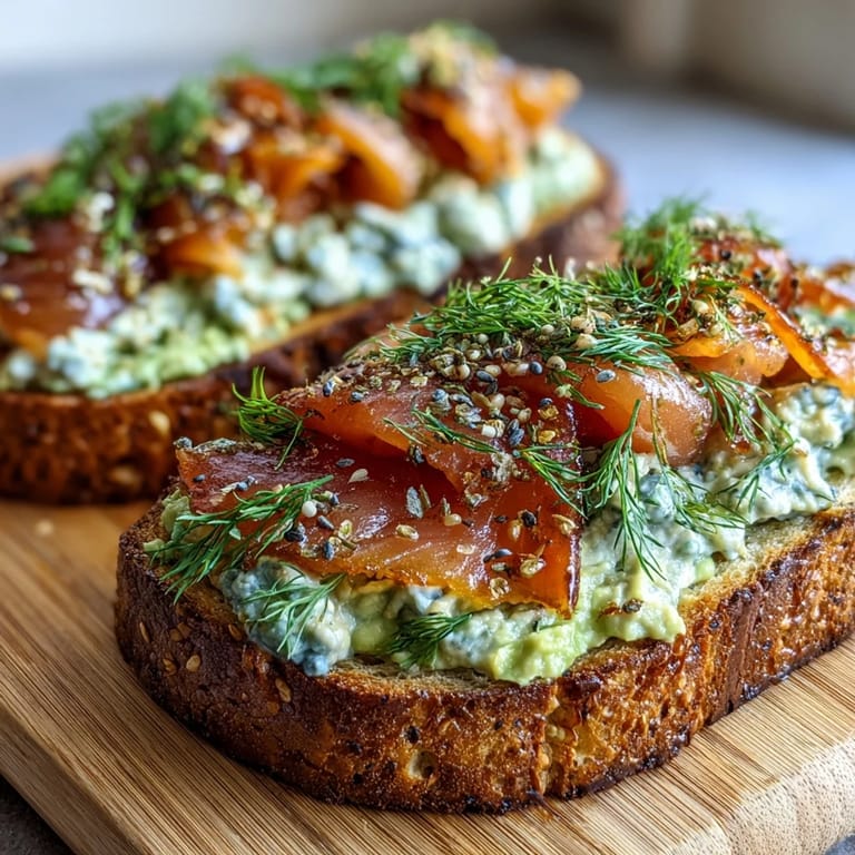 Golden keto toast with mashed avocado, smoked salmon, and a sprinkle of everything bagel seasoning for a healthy breakfast.