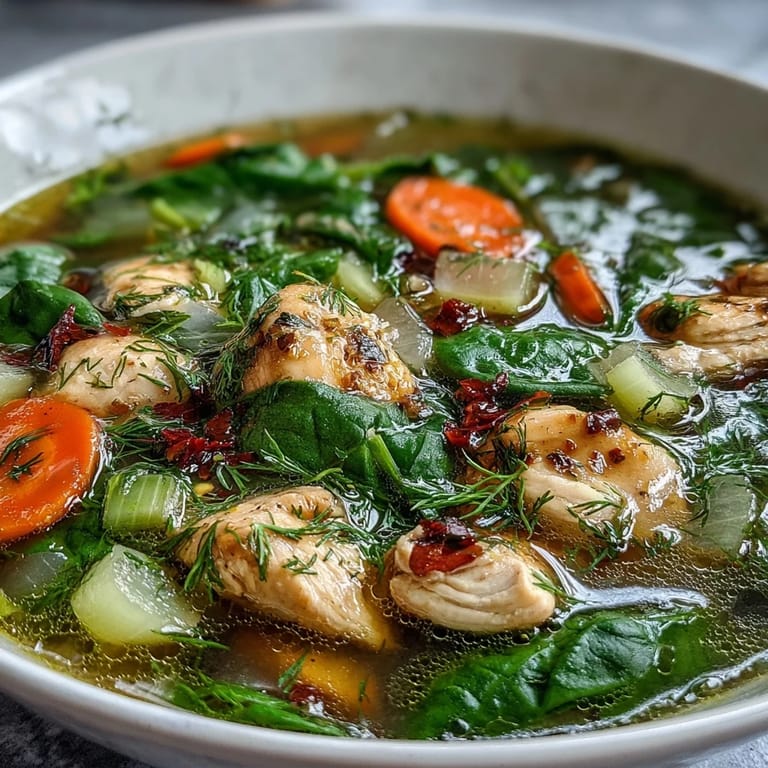 Hearty One-Pot Chicken and Veggie Detox Soup brimming with colorful vegetables, juicy chicken, and a splash of lemon, served steaming hot for comfort.