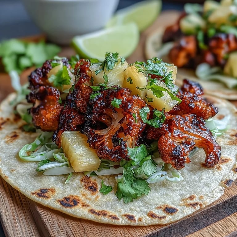 3. Smoky, caramelized cauliflower tacos paired with fresh pineapple salsa for a zesty plant-based meal.