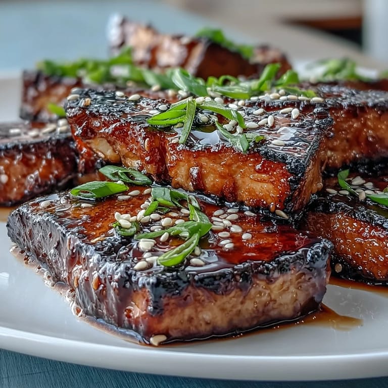 Savory-sweet miso-glazed eggplant steaks served hot with sesame seeds and green onions for a flavorful vegetarian main.  
