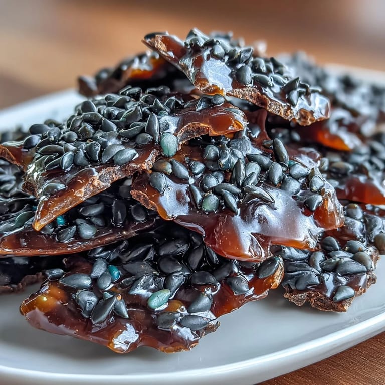 Golden shards of black sesame brittle, featuring rich caramel and nutty toasted seeds.  