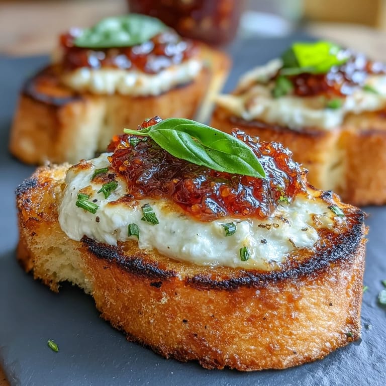 Aromatic bruschetta featuring tangy goat cheese, rich chili jam, and fresh basil leaves on golden toasted bread.  