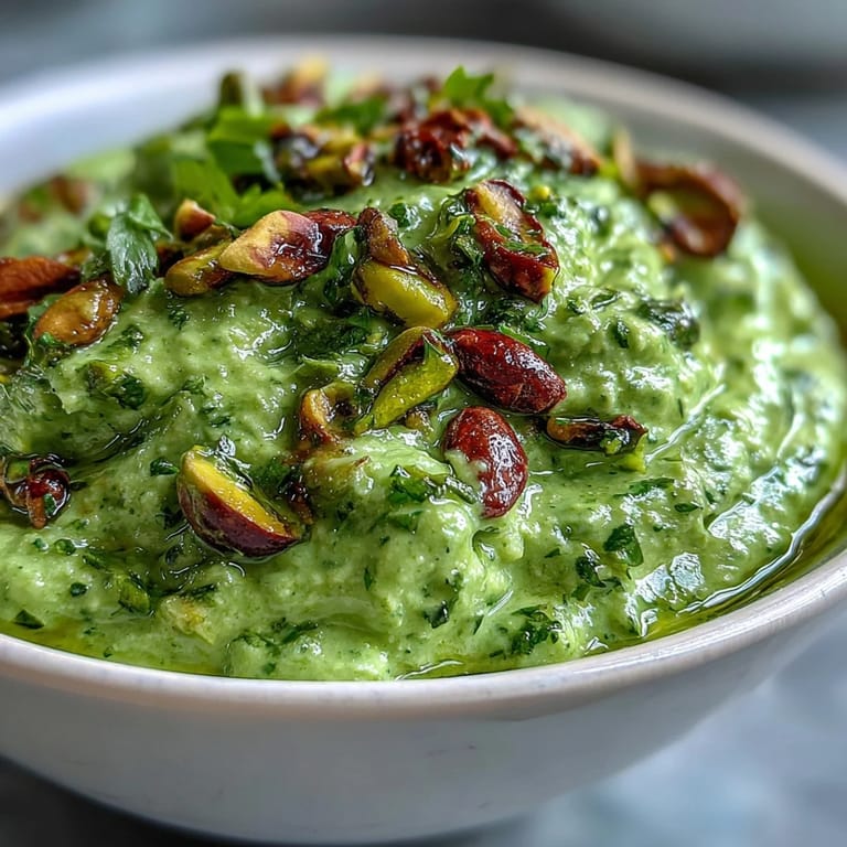 Close-up of smooth pistachio pesto in a bowl, showcasing its bright green color and aromatic ingredients.
