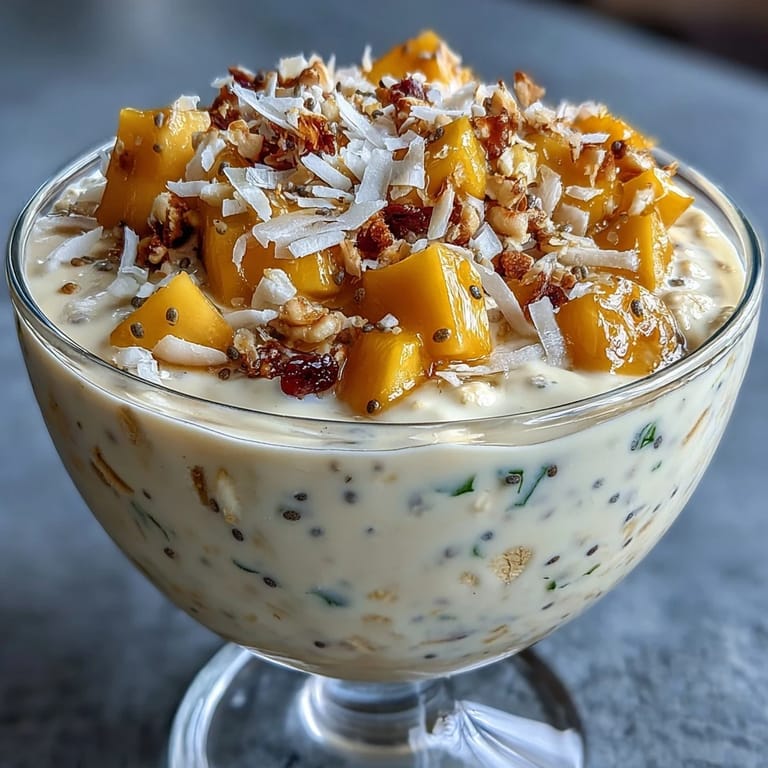 Chilled overnight oats featuring mango and coconut, layered with creamy yogurt and a drizzle of honey.