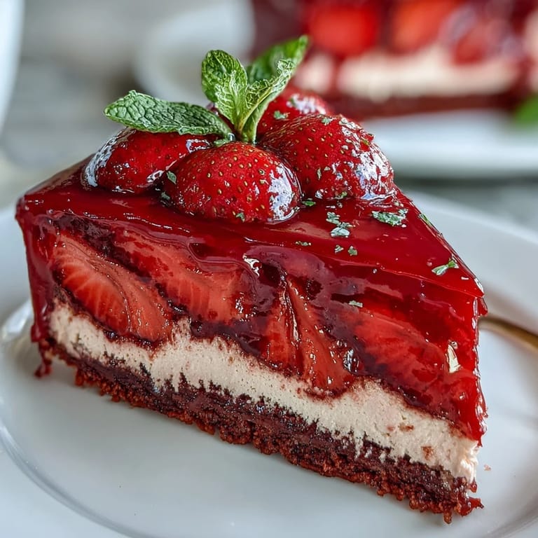 Romantic strawberry mousse cake with tender sponge layers and glossy strawberry topping, perfect for Valentine's Day.