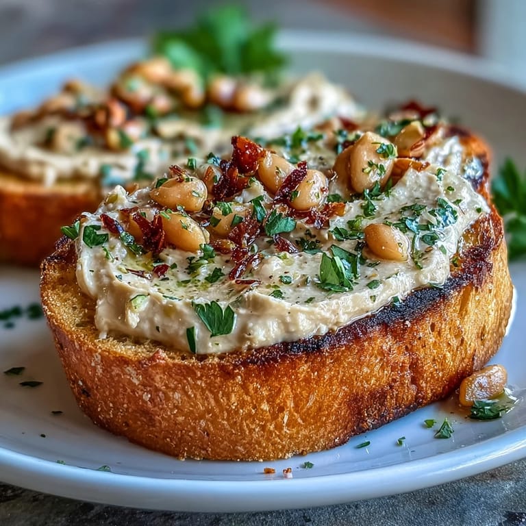 Golden sourdough toast topped with a velvety white bean and roasted garlic spread, perfect for a Mediterranean-inspired appetizer or brunch.  