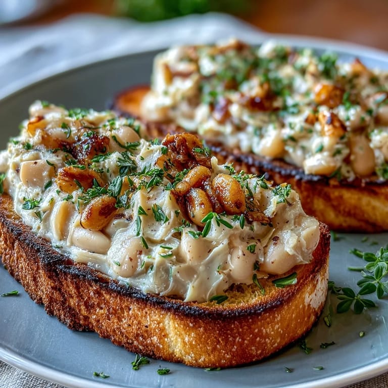 A smooth, savory white bean and roasted garlic spread served on toasted sourdough, ideal for snacking or as part of a rustic appetizer platter.