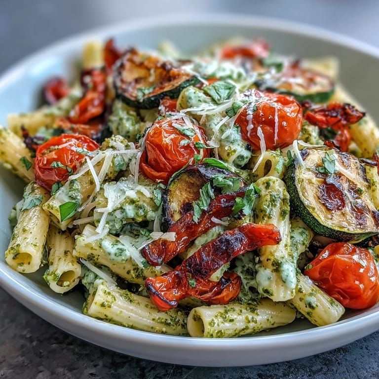 Colorful penne pasta tossed with roasted zucchini, bell peppers, and sweet cherry tomatoes, finished with fragrant pesto and Parmesan.  