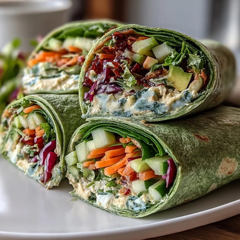 Healthy vegetarian wraps featuring fresh spinach, crunchy carrots, and smooth hummus rolled in bright green spinach tortillas.