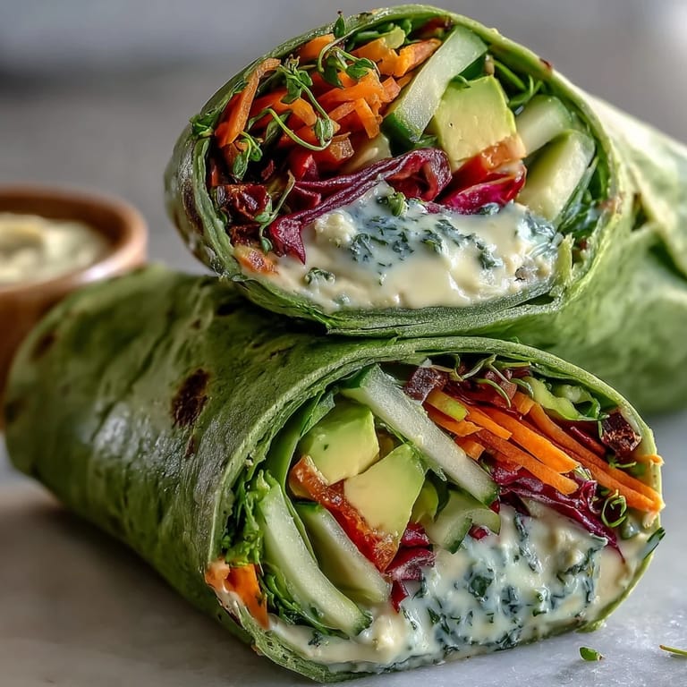 Delicious hummus wraps with rainbow vegetables and spinach tortillas, perfect for a quick nutritious lunch or snack.