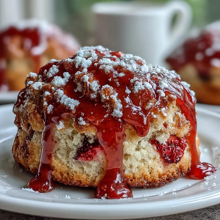 Warm scones bursting with fresh strawberries, finished with a zesty lemon glaze and berry garnish.