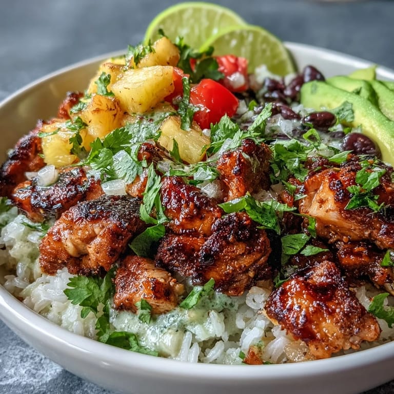 Vibrant tropical Chicken Pineapple Taco Bowls with Coconut Rice, layered with black beans, cherry tomatoes, and zesty lime, perfect for a fresh dinner.  