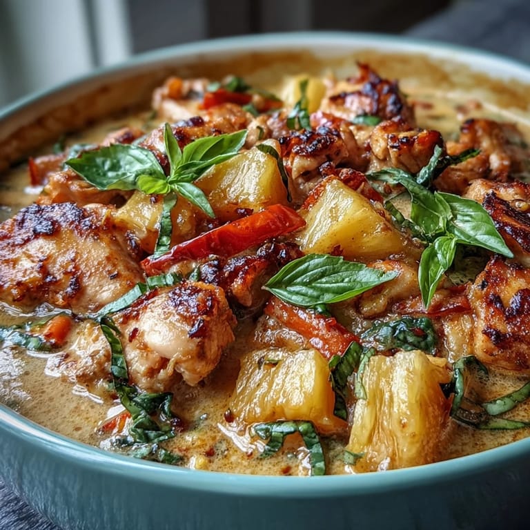 Aromatic chicken pineapple coconut curry featuring juicy chicken, tropical pineapple, and rich coconut milk, served with fluffy jasmine rice.