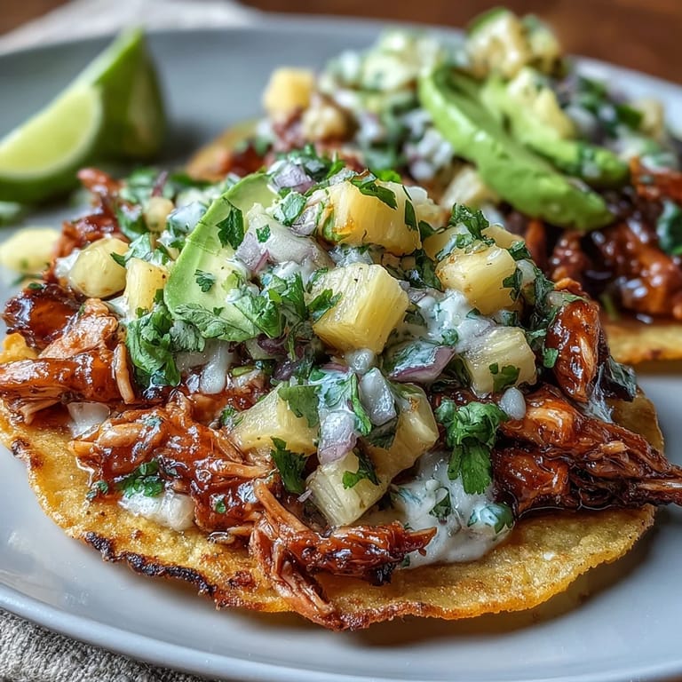 Vibrant Chicken Pineapple Salsa Tostadas with smoky seasoned chicken, fresh pineapple salsa, and tangy lime garnish.