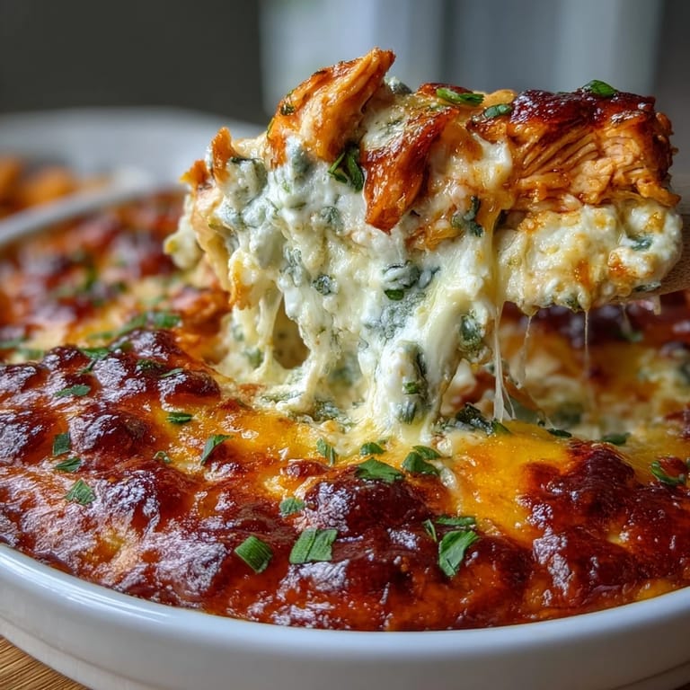 Spicy and protein-packed cottage cheese Buffalo chicken dip with shredded chicken, hot sauce, and melted cheddar, perfect for healthy snacking.
