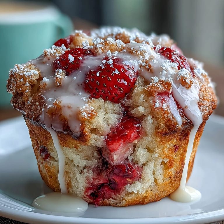 Fluffy strawberry muffins bursting with juicy fruit and finished with a glossy lemon glaze, perfect for a spring brunch spread.  