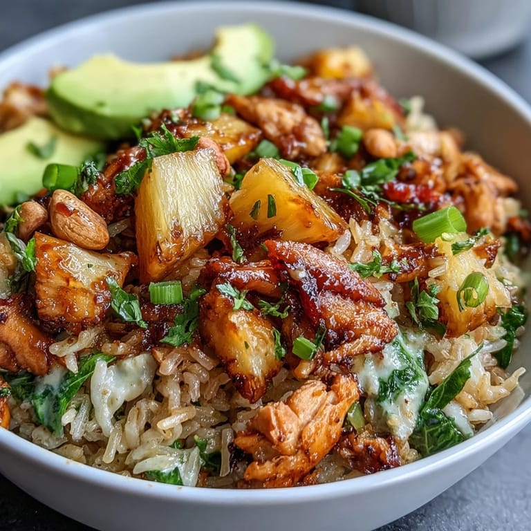 Vibrant fried rice dish with golden pineapple, diced vegetables, and savory chicken, garnished with green onions and crunchy cashews for texture.