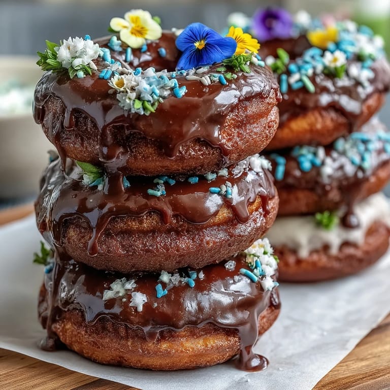 Charming mini donut tower decorated with fresh edible blooms and mint leaves, perfect for baby shower celebrations.