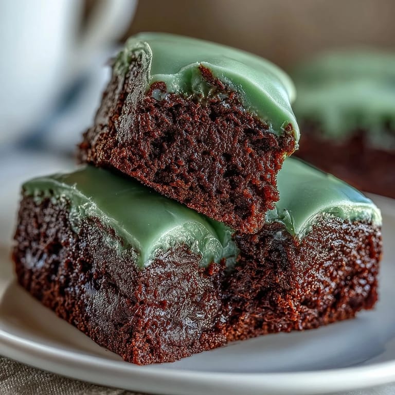 Fudgy chocolate brownies decorated with smooth green icing and cut into lucky shamrock shapes for holiday fun.  