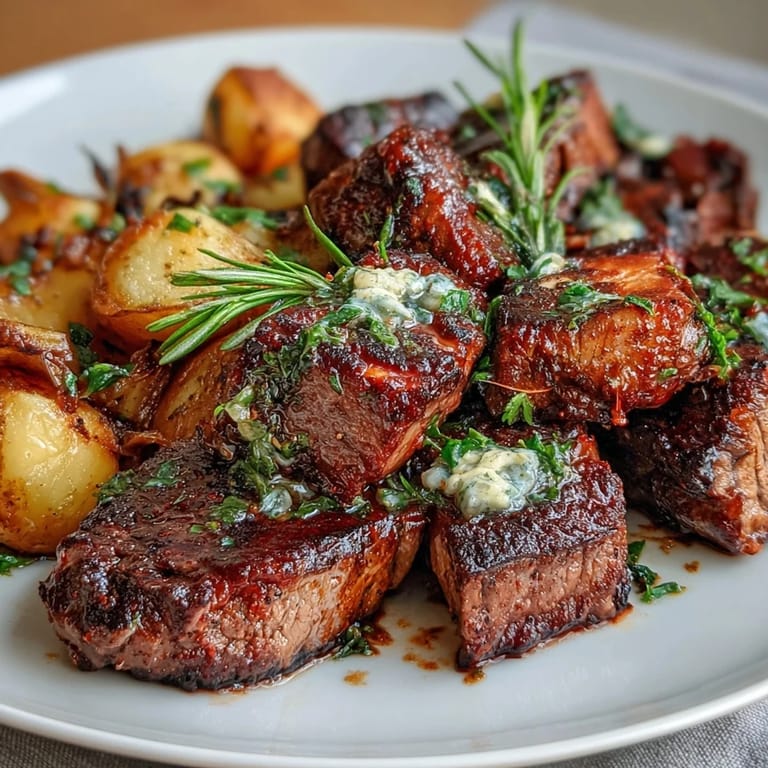 Crispy seared steak bites and tender potatoes tossed in rich garlic butter, garnished with parsley and lemon zest—perfect for a quick weeknight dinner.  