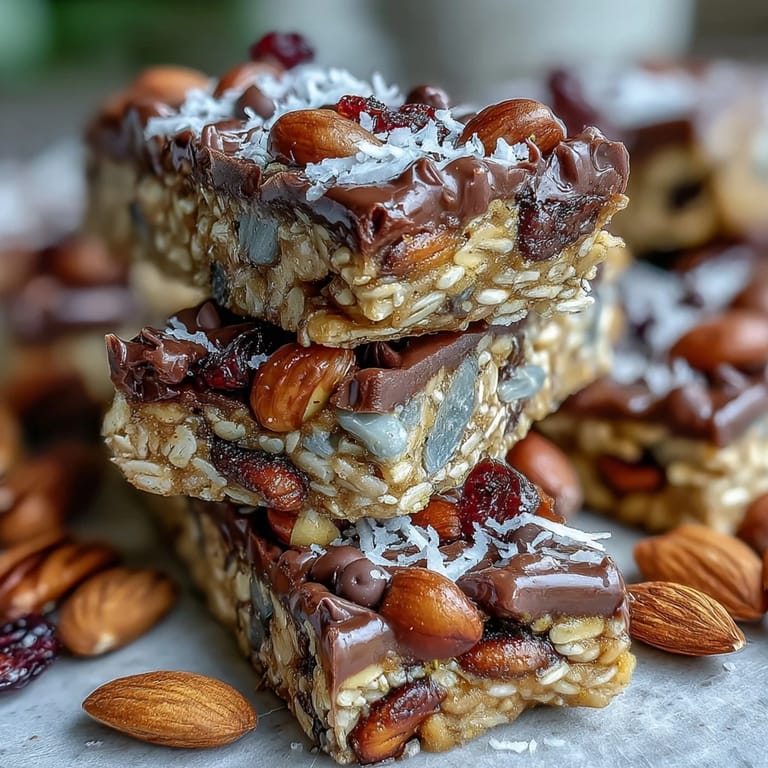Close-up of chewy granola bars packed with crunchy nuts and sweet dried cranberries.