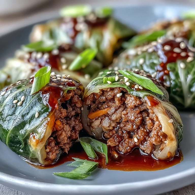 Warm Korean cabbage rolls with seasoned beef filling, ready to be dipped in a tangy, spicy sauce.