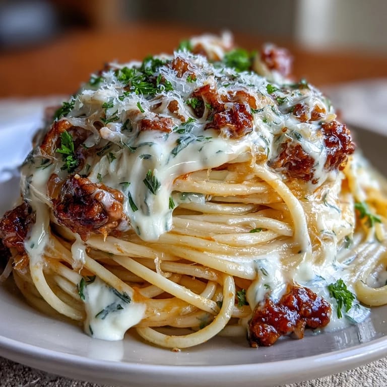 A slice of Million Dollar Spaghetti reveals creamy cheese layers, savory meat sauce, and melted mozzarella in a comforting baked pasta dinner.