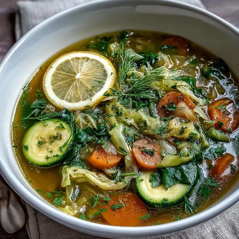 Light and vibrant Spring Detox Cabbage Soup featuring shredded cabbage, carrots, and zucchini in a golden turmeric broth.