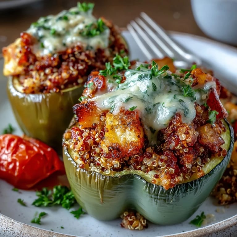 Vibrant bell peppers packed with fluffy quinoa, caramelized vegetables, and tangy goat cheese, offering a satisfying Mediterranean-inspired dinner.