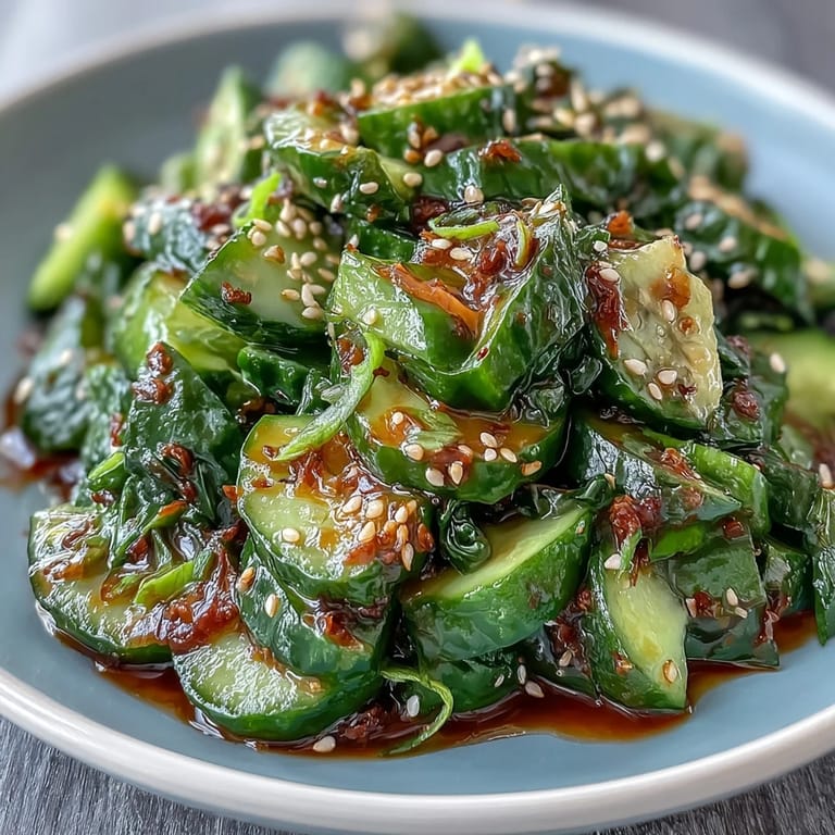Fresh smashed cucumbers in bold chili-garlic dressing, topped with cilantro for a zesty, Asian-inspired salad.