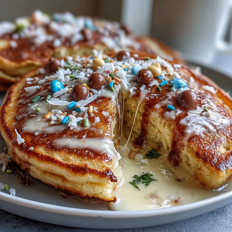 Fluffy, vibrant pancakes in egg shapes, each hand-decorated with icing and candy for a fun Easter morning surprise.
