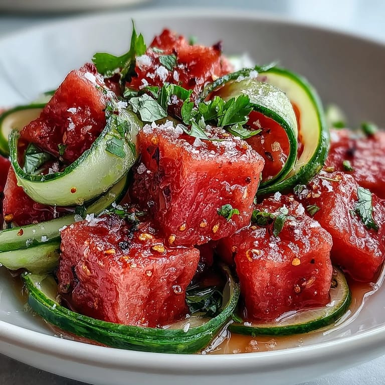 Vibrant watermelon cucumber salad with Tajin, a cool and tangy side dish.