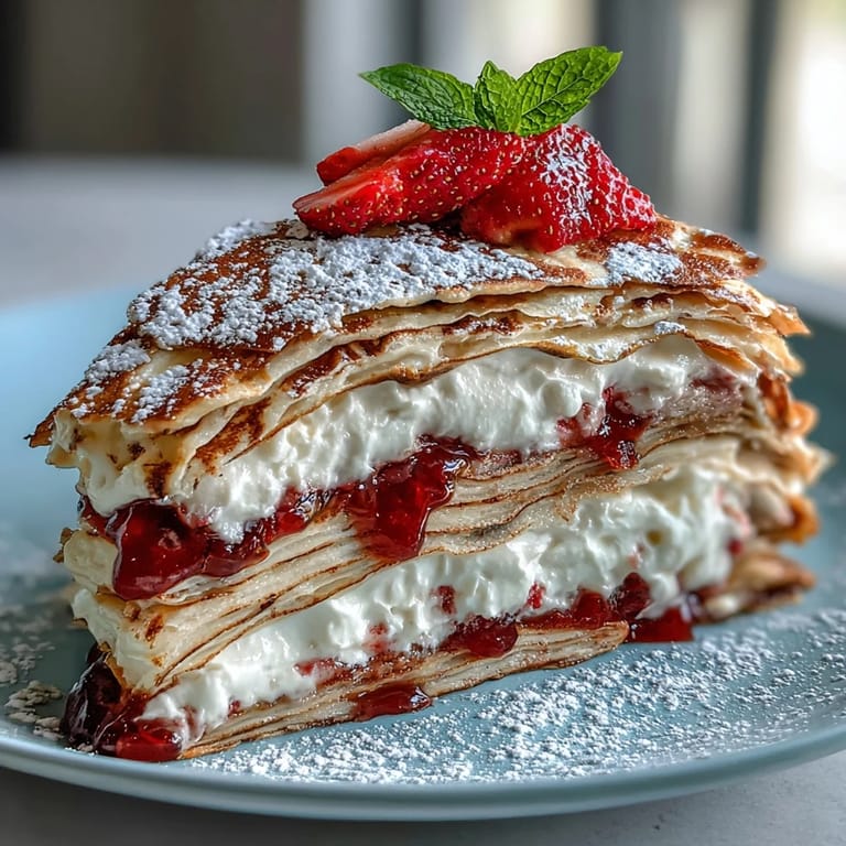 Decadent Mother's Day Crêpe Cake, adorned with fresh berries.