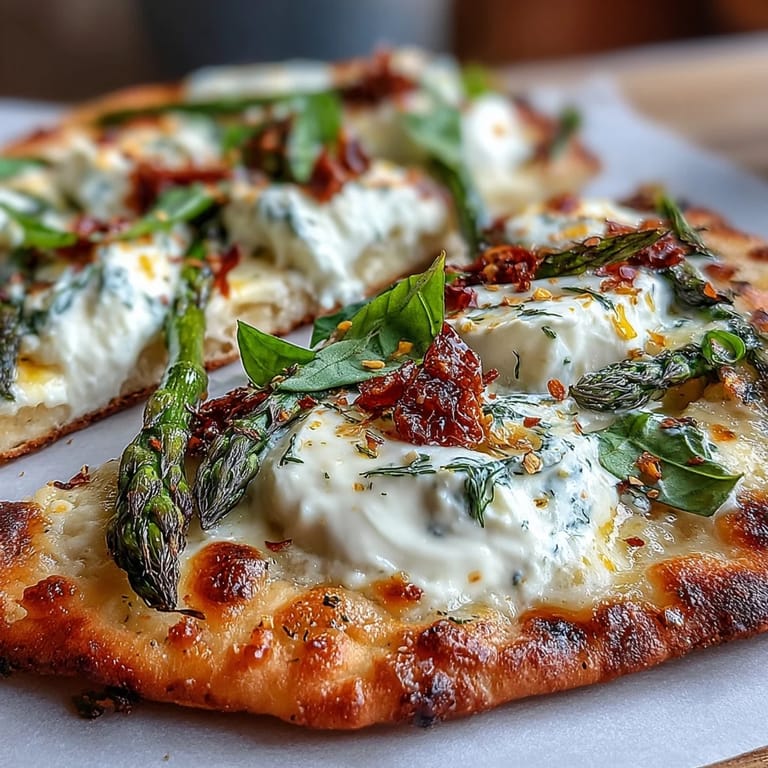 Easy appetizer featuring tender roasted asparagus on crisp flatbread with burrata and lemon.