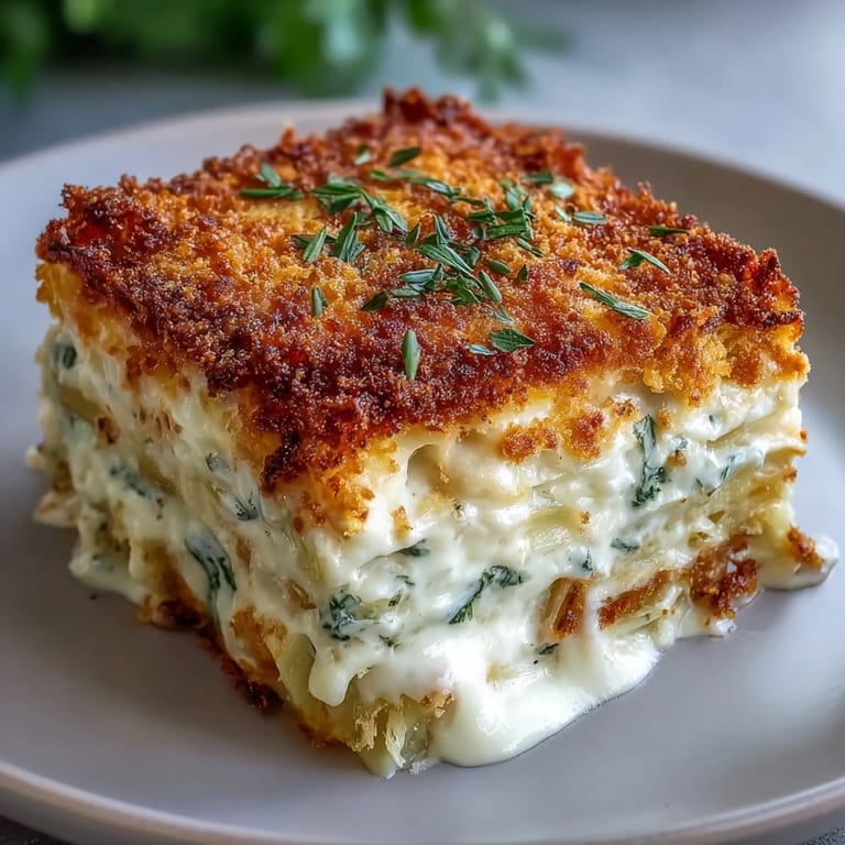 Savory Crispy Cabbage Alfredo Bake ready to be served hot.