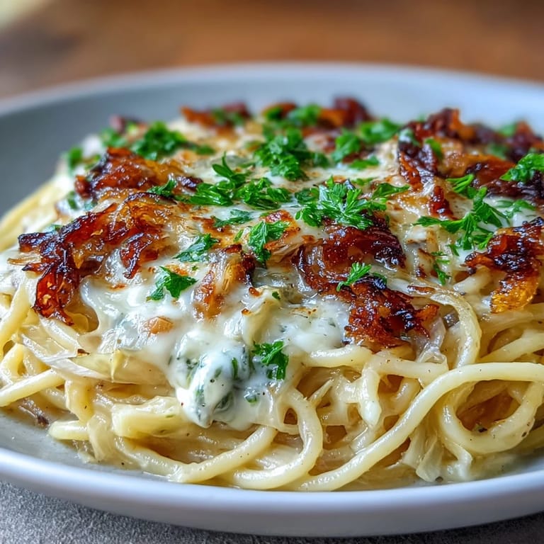 Delicious vegetarian Caramelized Cabbage Carbonara, golden and rich, a perfect pasta dinner.