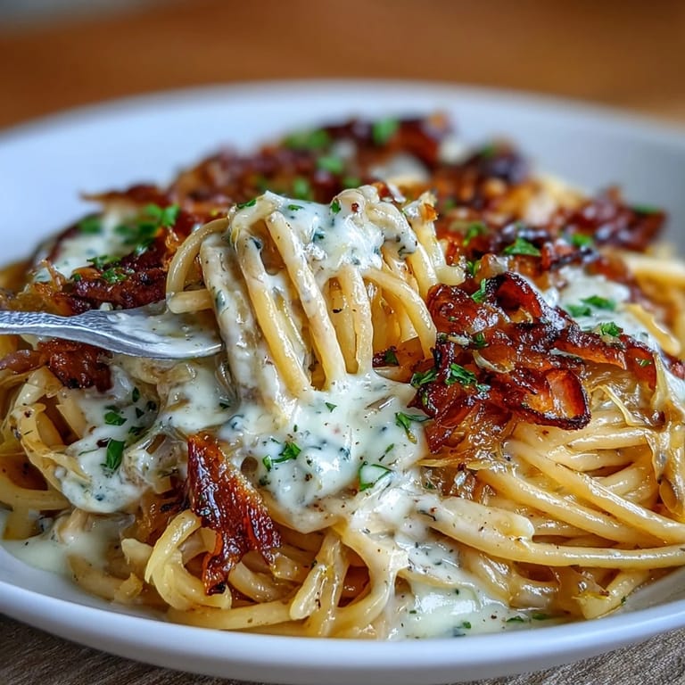 Rich Caramelized Cabbage Carbonara, showing tender, sweet cooked cabbage and glossy pasta.