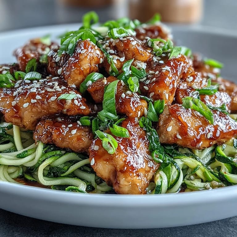 Tender chicken coated in savory sauce served over crisp zucchini noodles.