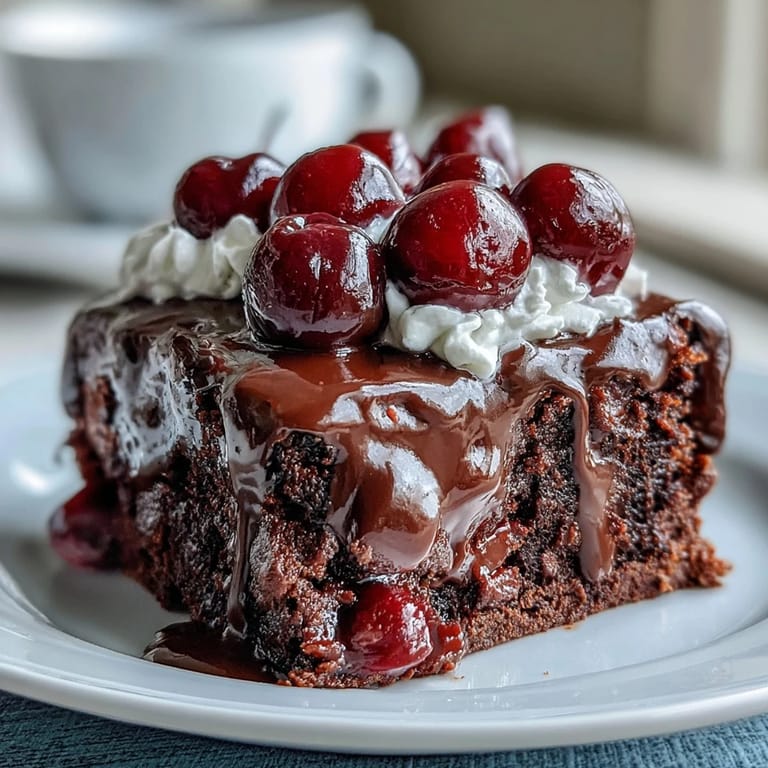 A retro Cherry Cola Chocolate Poke Cake perfect for sharing, smothered in frosting.