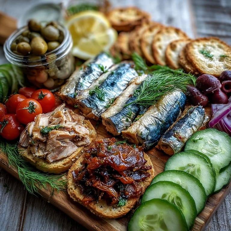 Delicious tinned fish picnic board, showcasing colorful bites perfect for outdoor gatherings.