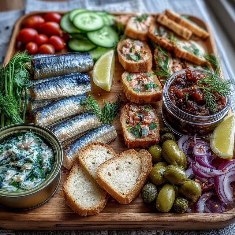 Artfully arranged tinned fish picnic board, ready for sharing with savory delights.
