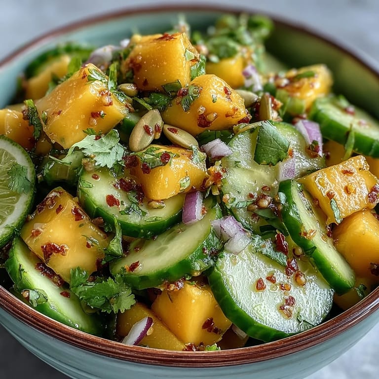 Refreshing, easy Mango Tajín Cucumber Salad, highlighting the spicy Tajín seasoning for summer.