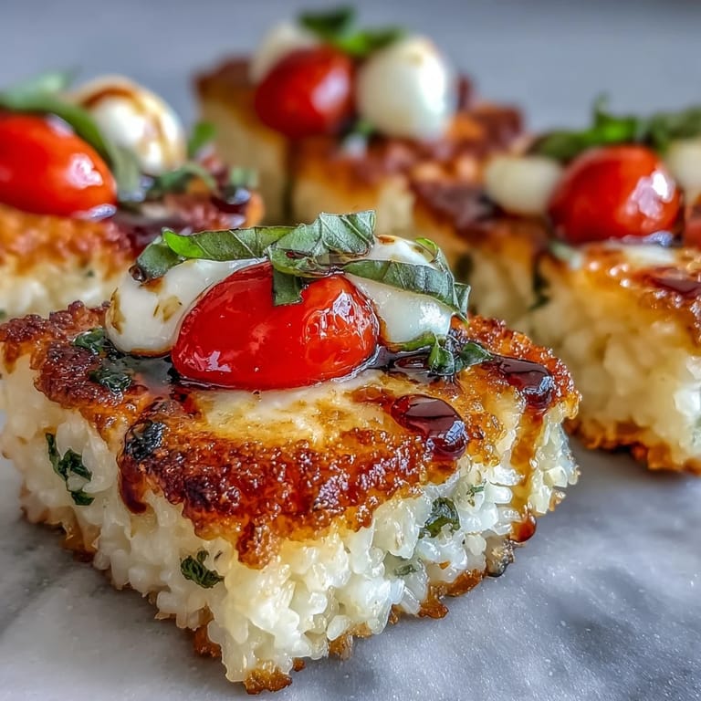 Juicy balsamic-glazed caprese bites on crunchy seared rice, a perfect party appetizer.